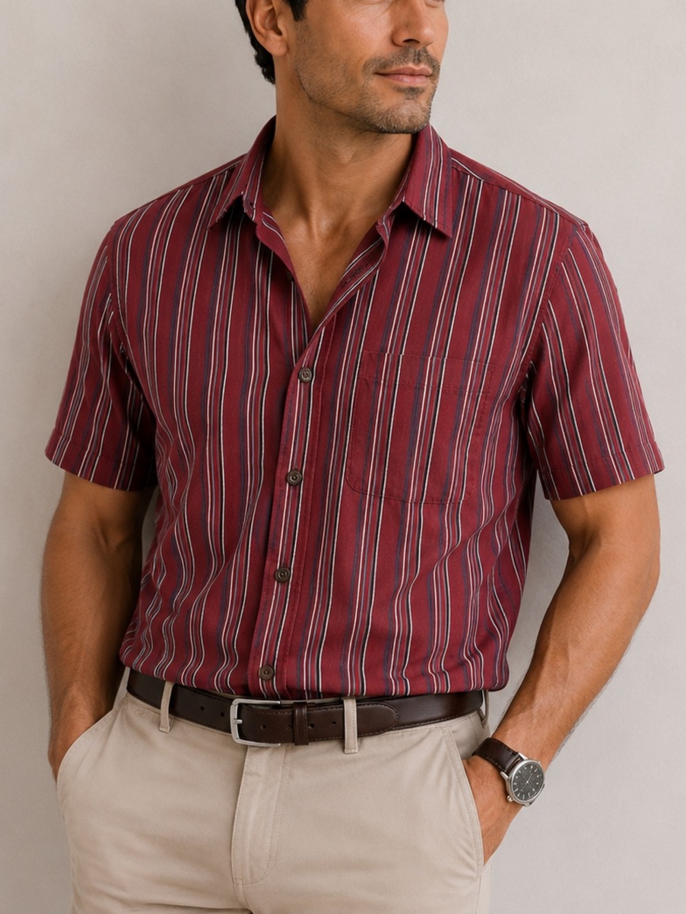 Puritan Men's Burgundy and White Vertical Stripe Shirt